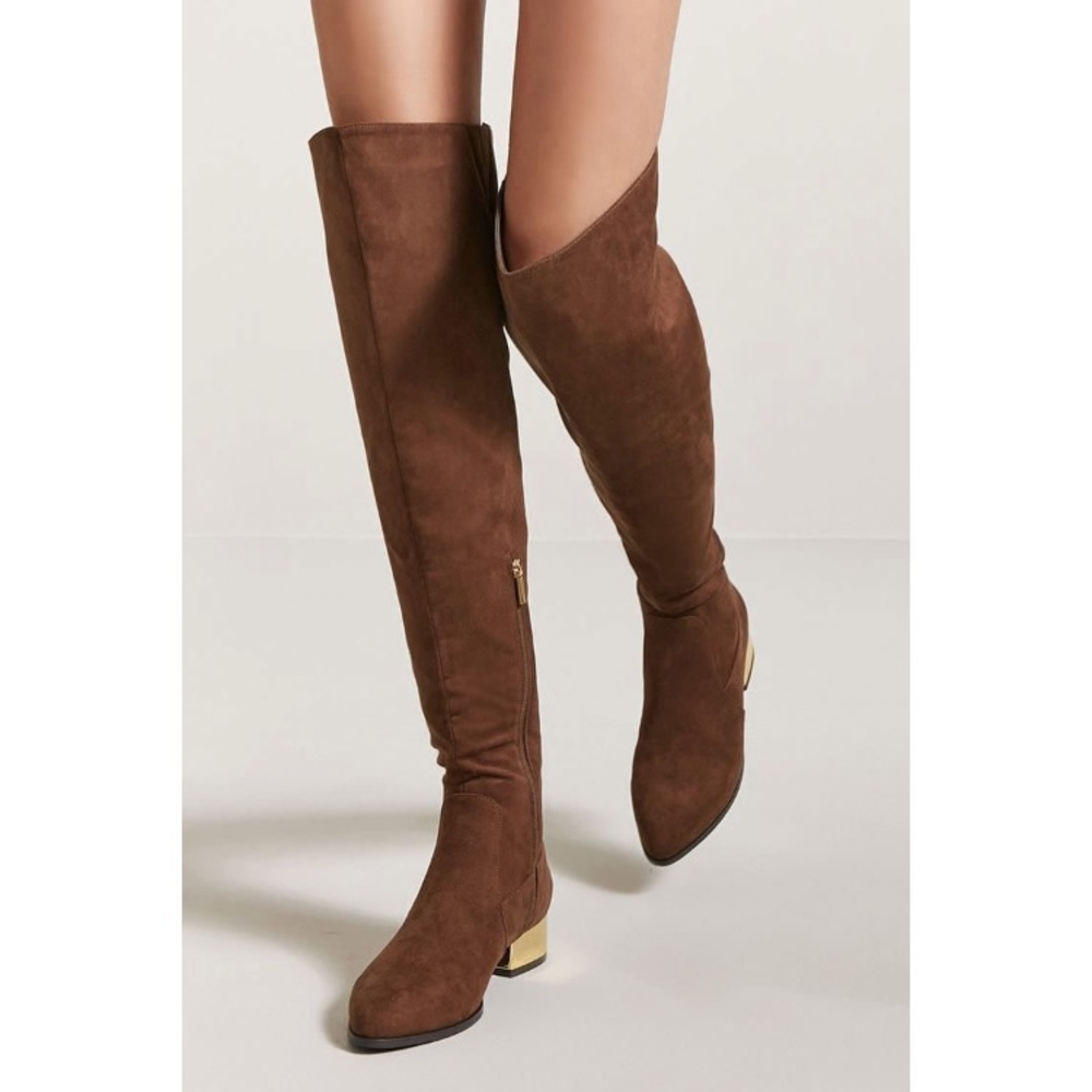 Over The Knee Faux Suede Boots Gold Heel